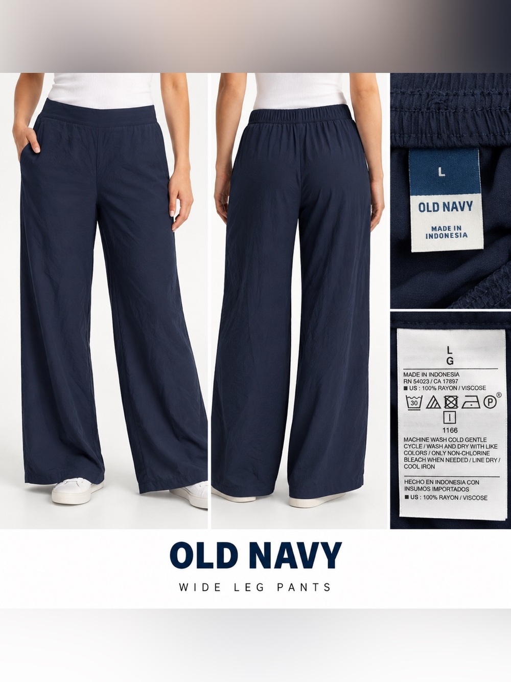 Old Navy Women’s Large Navy Blue Wide Leg Pull On Pants 100% Rayon Pockets.